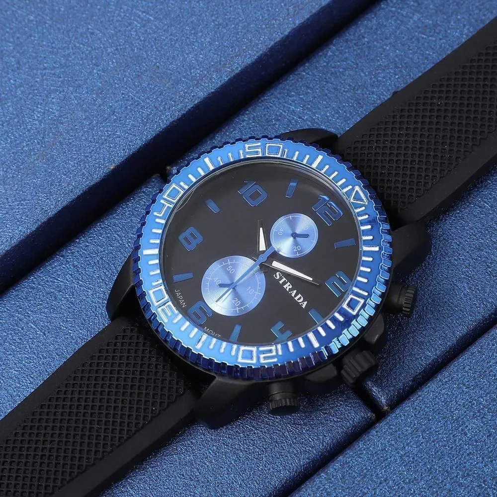 STRADA Watch with Black, Blue False Chronograph Dial and Black Silicone Strap